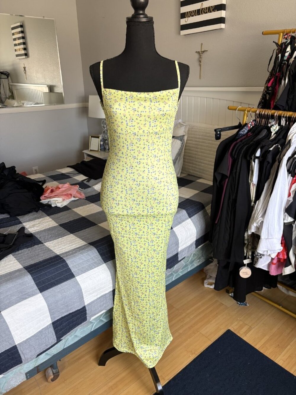 Yellow Floral Satin Slip Dress, Size S (Fits Stretchy)